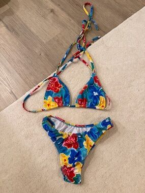 Floral Blue Tie-Strap Bikini Set
